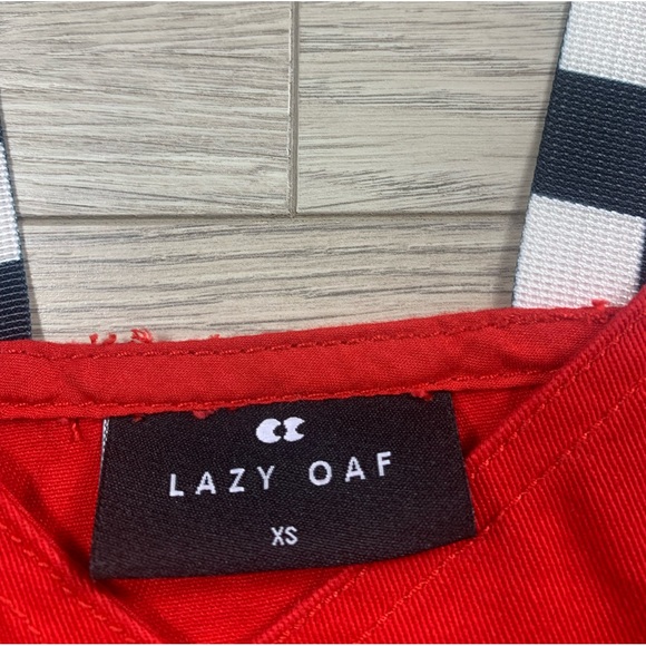 Lazy Oaf Checkered Buckle-Strap Pinafore Red Mini Dress - Picture 10 of 15